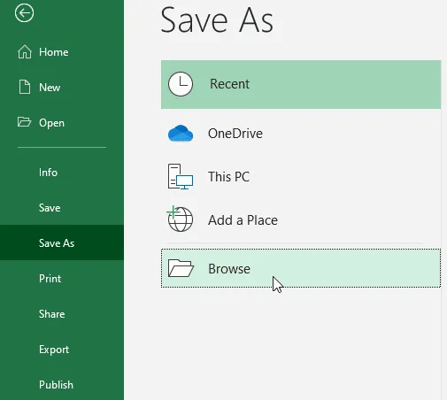 Clicking on the Browse button from the Save As menu.