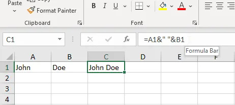 Using the formula =A1&#x26;" "&#x26;B1 to combine the contents of cell A1 and B1.