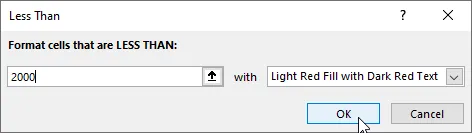Conditional formatting, step 2: Define the rule that will decide which cells to format. We're making cells with values less than 2000 red.