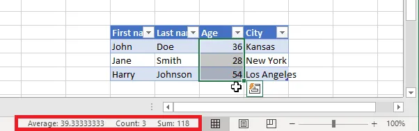 The status bar shows the average, count and sum of the currently selected cells.