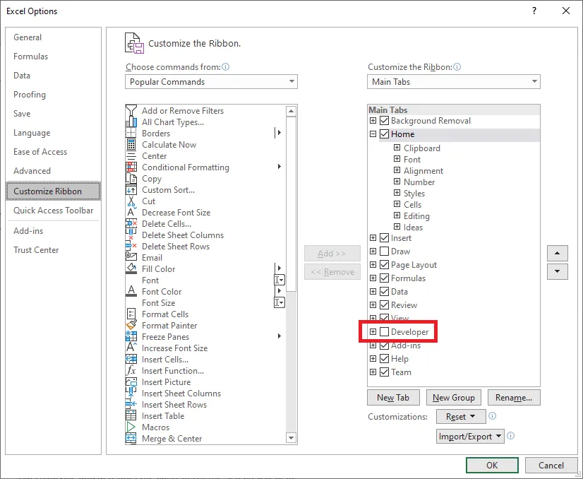 The Customize Ribbon tab of the Excel Options window with the Developer checkbox accentuated.