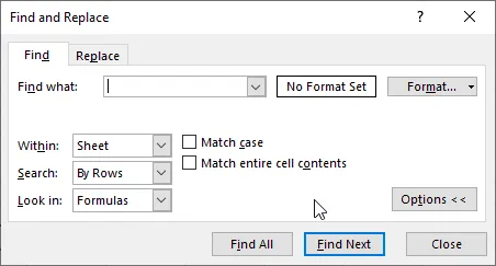 The Excel Find window showing more options.