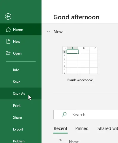 File tab save as highlighted.