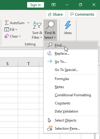 Opening the find window in Excel.