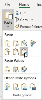 The Transpose option in the Paste dropdown.