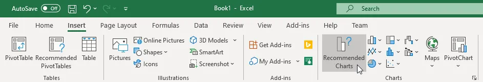 Inserting a chart, step 2: On the Insert tab on the Ribbon, choose Recommended Charts.
