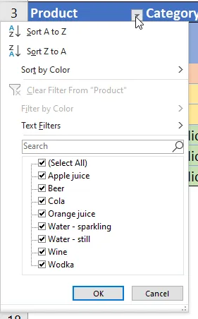 Filtering the values of the table.