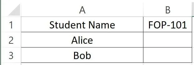 Excel sheet showing the two students Alice and Bob. We want to know their FOP-101 score.